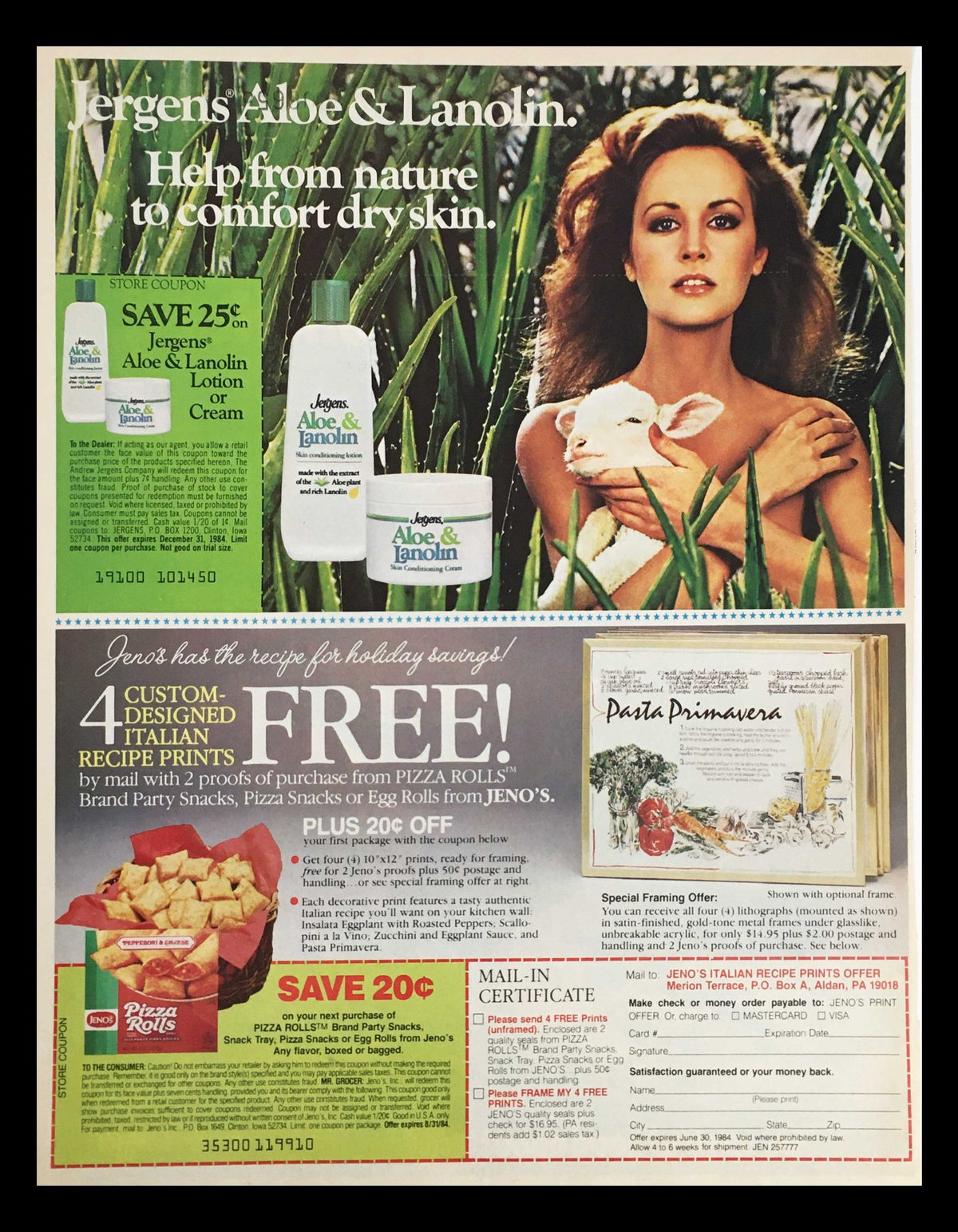 1983 Hood Rich and Creamy Products Circular Coupon Advertisement featuring Jergens Aloe and Lanolin products, and a model with a sheep, promoting savings on skin care and pizza products.