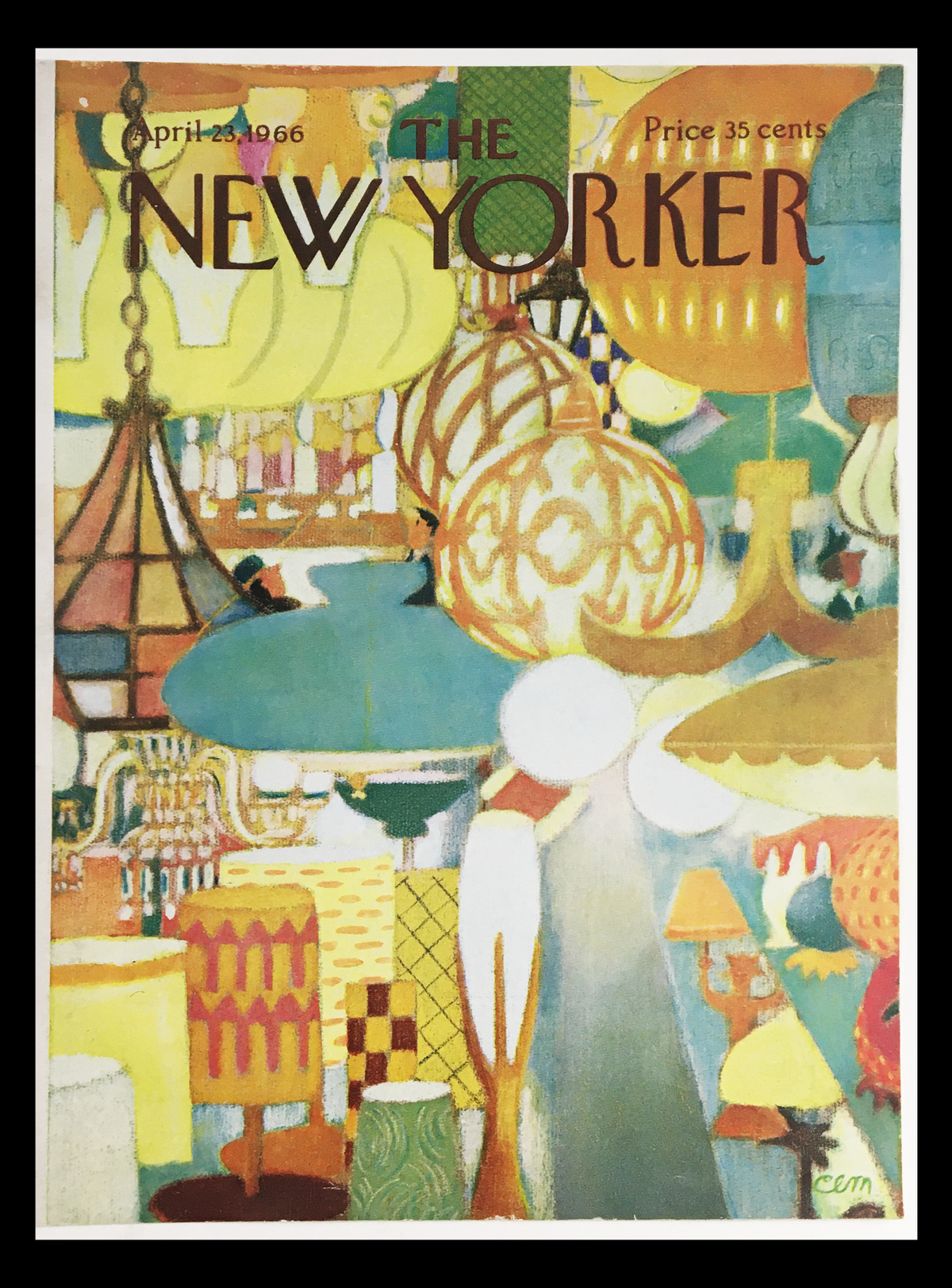 Vintage cover of The New Yorker April 23 1966, featuring colorful and artistic design by Charles E. Martin, showcasing various lamps and patterns.