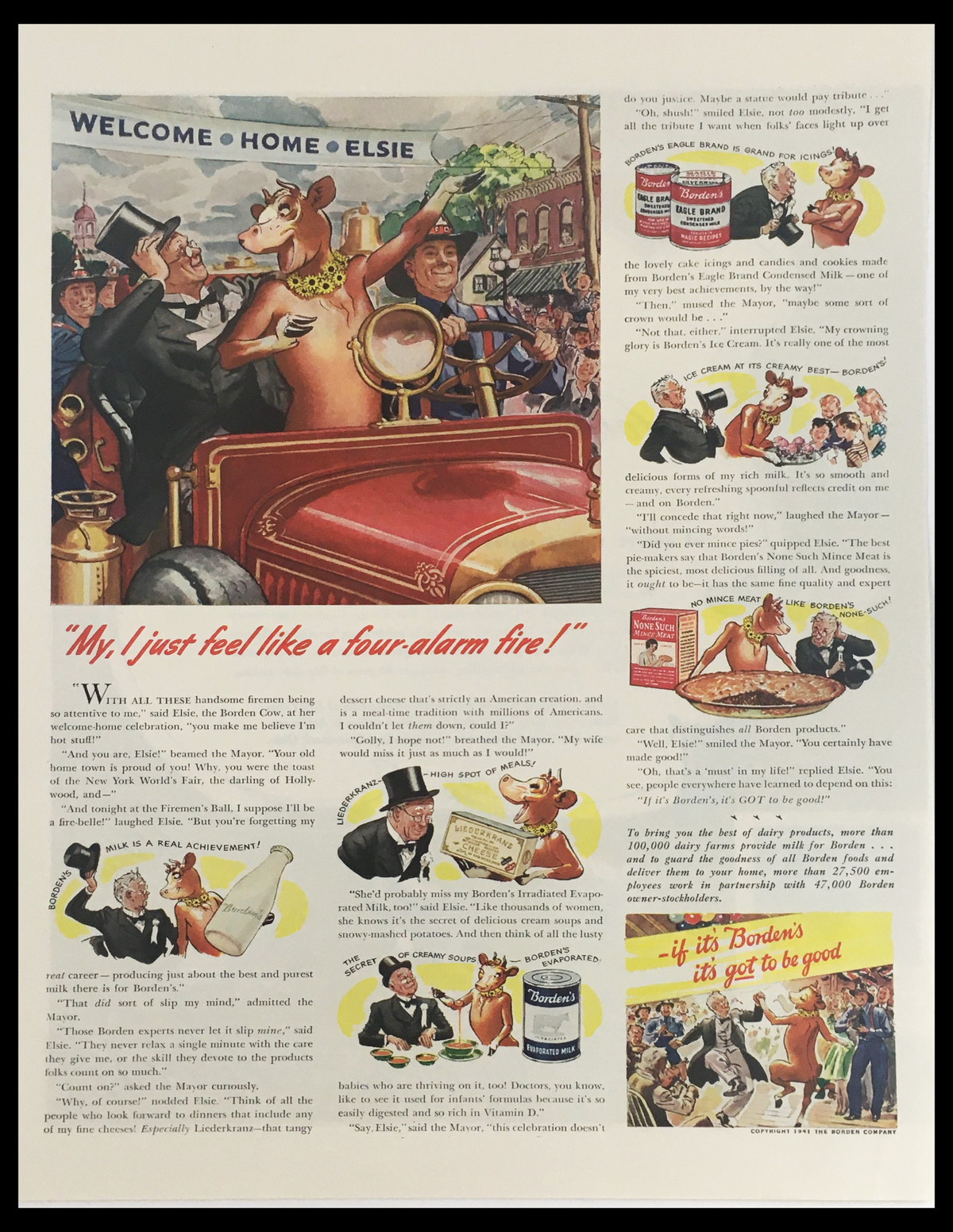 1941 The Borden Company Evaporated Milk Vintage Print Ad featuring a whimsical illustration of Elsie the Cow celebrating with people, showcasing a nostalgic depiction of historical food advertising.