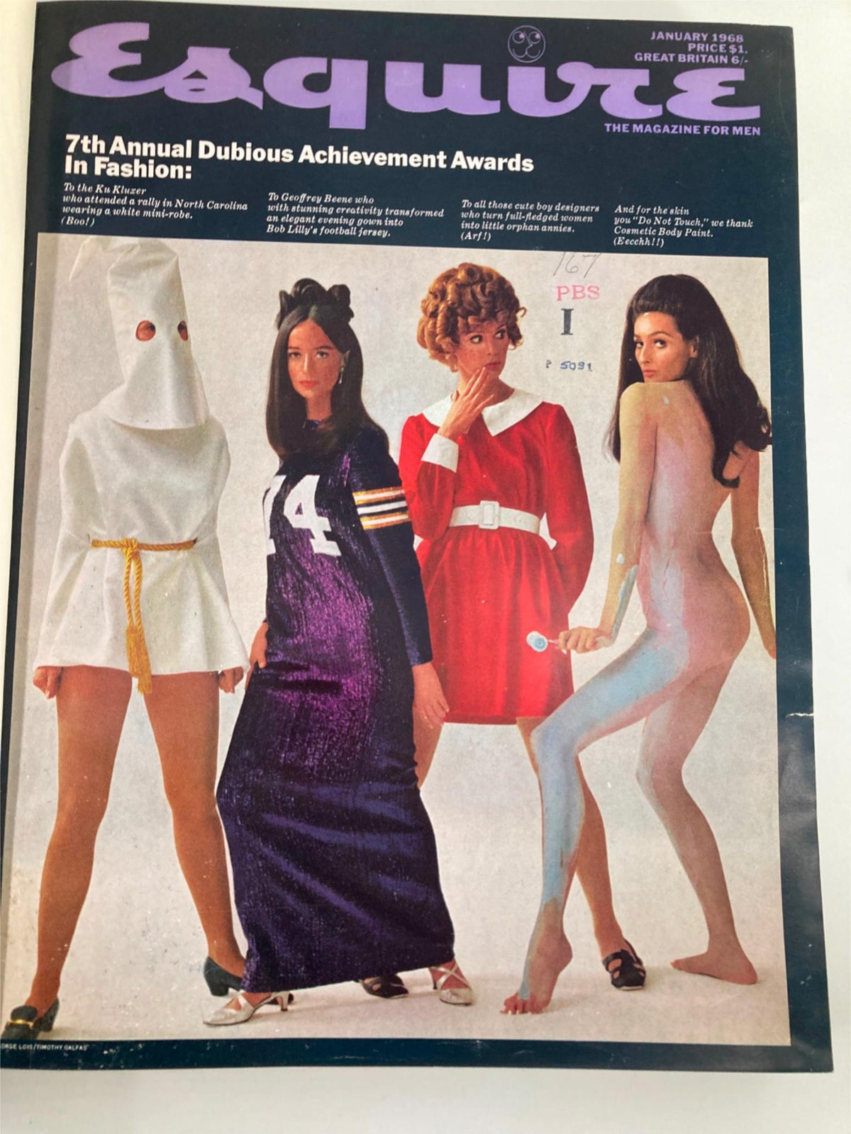 Esquire library bound Magazine January - June 1968 cover illustrating the 7th Annual Dubious Achievement Awards in Fashion, featuring stylized models in unique outfits.