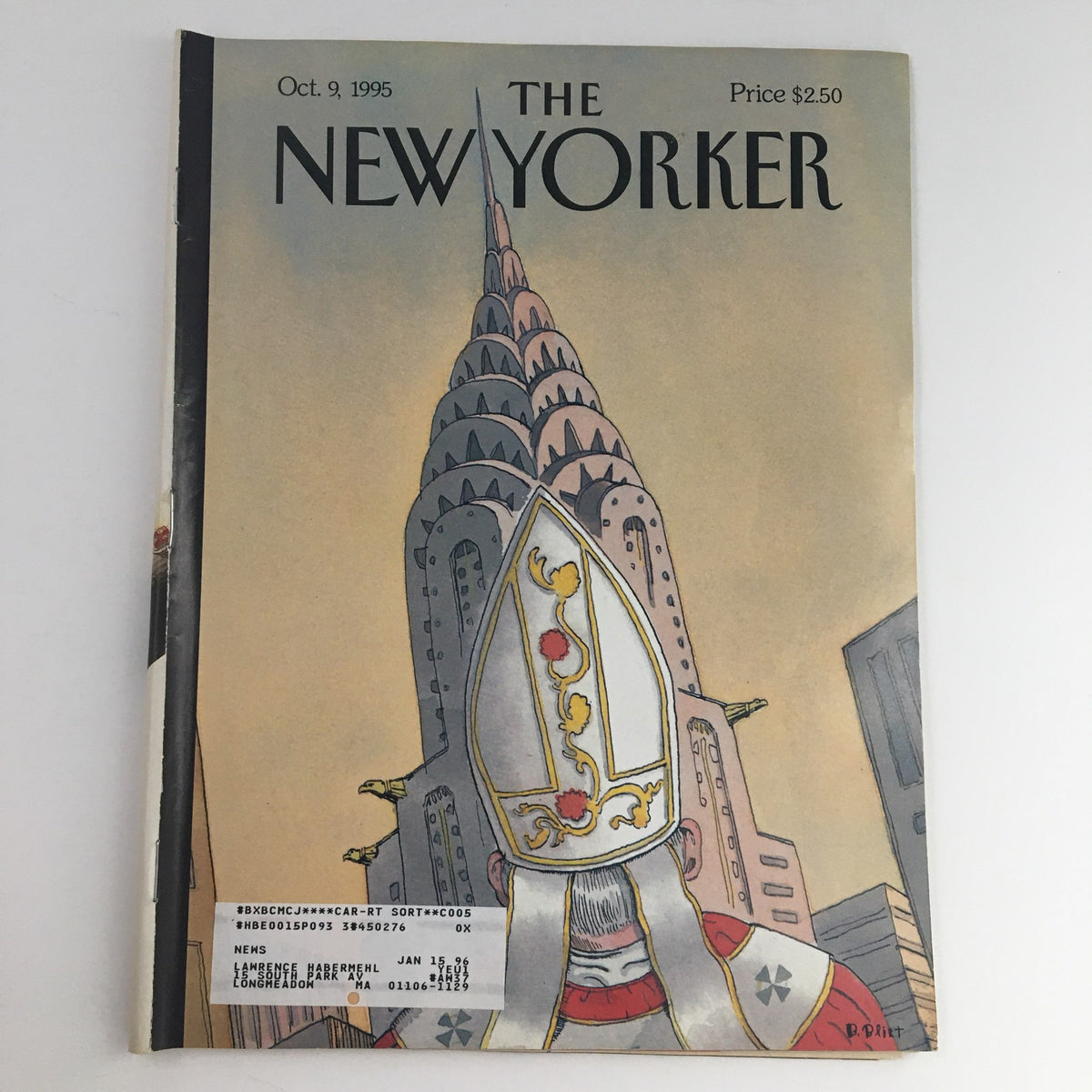 The New Yorker October 9 1995 magazine cover featuring artwork by Barry Blitt, showcasing an illustration of the Chrysler Building with a figure wearing a papal hat.