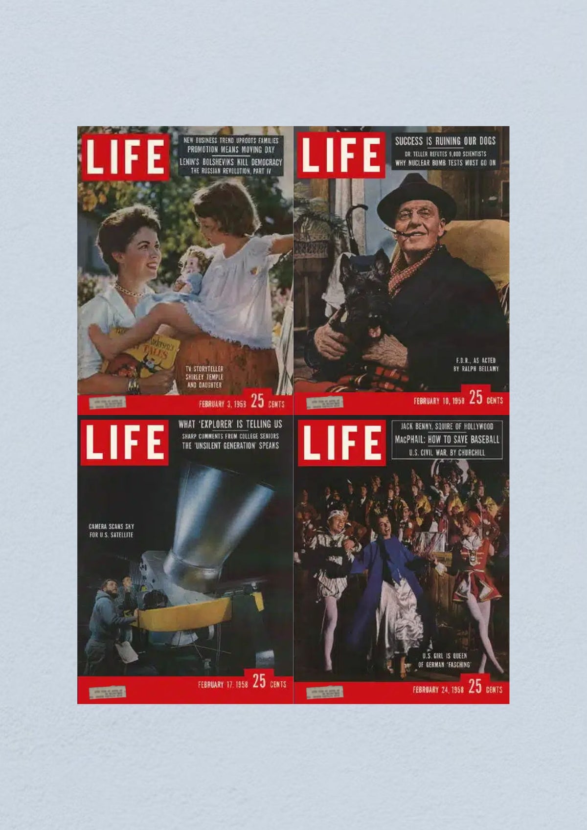 Life Magazine Lot of 4 Full Month February 1958 featuring Shirley Temple on the cover of the February 3 issue, Ralph Bellamy portraying Franklin D. Roosevelt on the February 10 issue, a satellite representation on the February 17 issue, and a colorful parade on the cover of the February 24 issue, highlighting events of the Civil Rights Era.