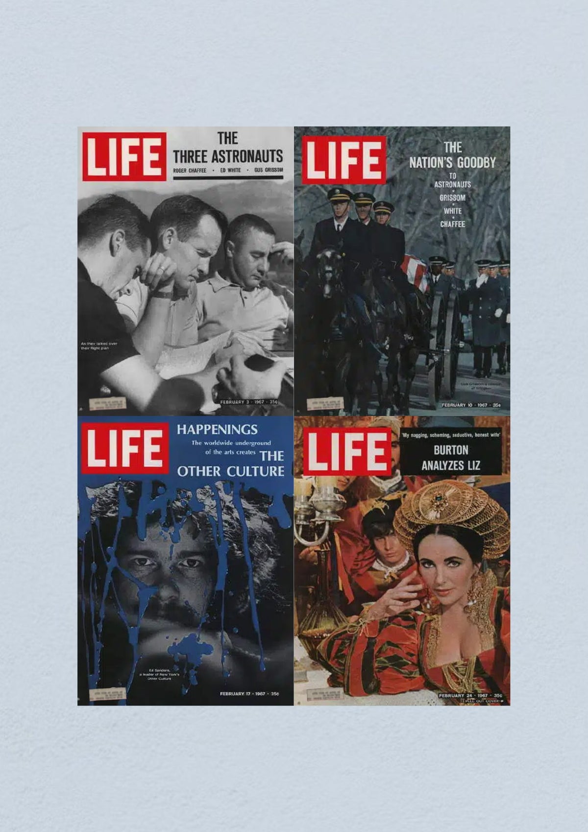 Life Magazine February 24, 1967 Cover titled Burton Analyzes Liz, featuring a moment from the entertainment culture with actress Elizabeth Taylor.