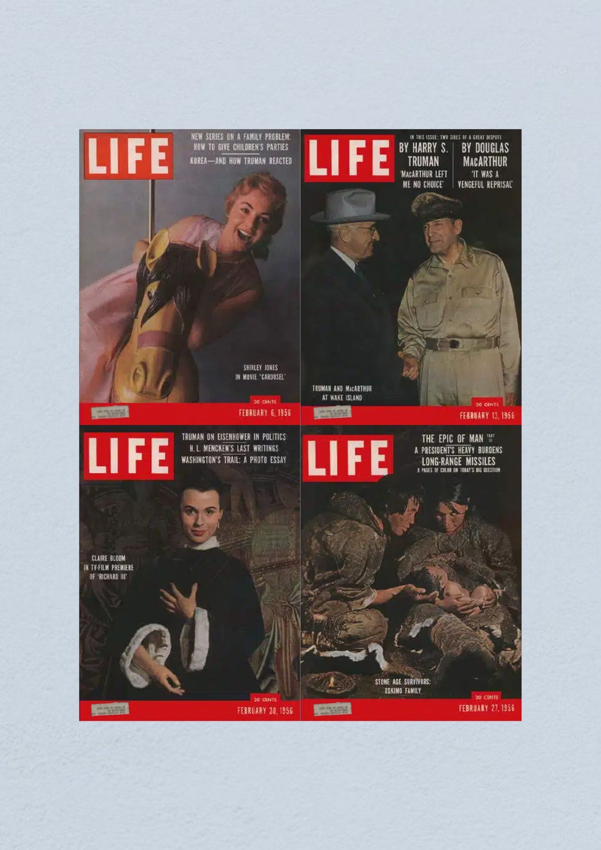 Life Magazine Lot of 4 Full Month February 1956 featuring covers from February 6, 13, 20, and 27, highlighting the Civil Rights Era.