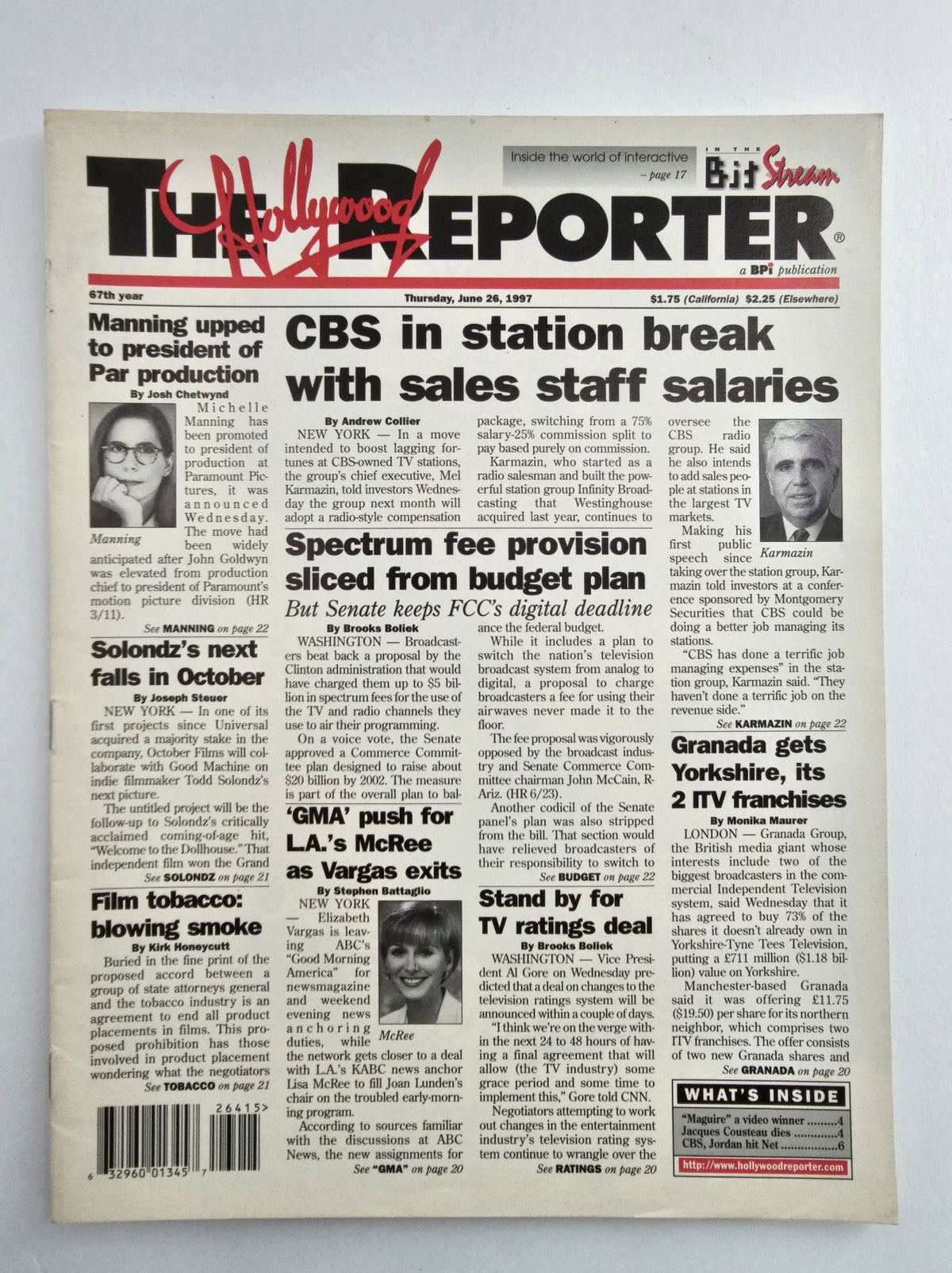 The Hollywood Reporter Magazine from June 26, 1997, featuring CBS in a segment titled 'Station Break.' The front cover showcases major television industry updates with detailed articles and features, highlighting dynamic changes in the late 90s entertainment landscape.