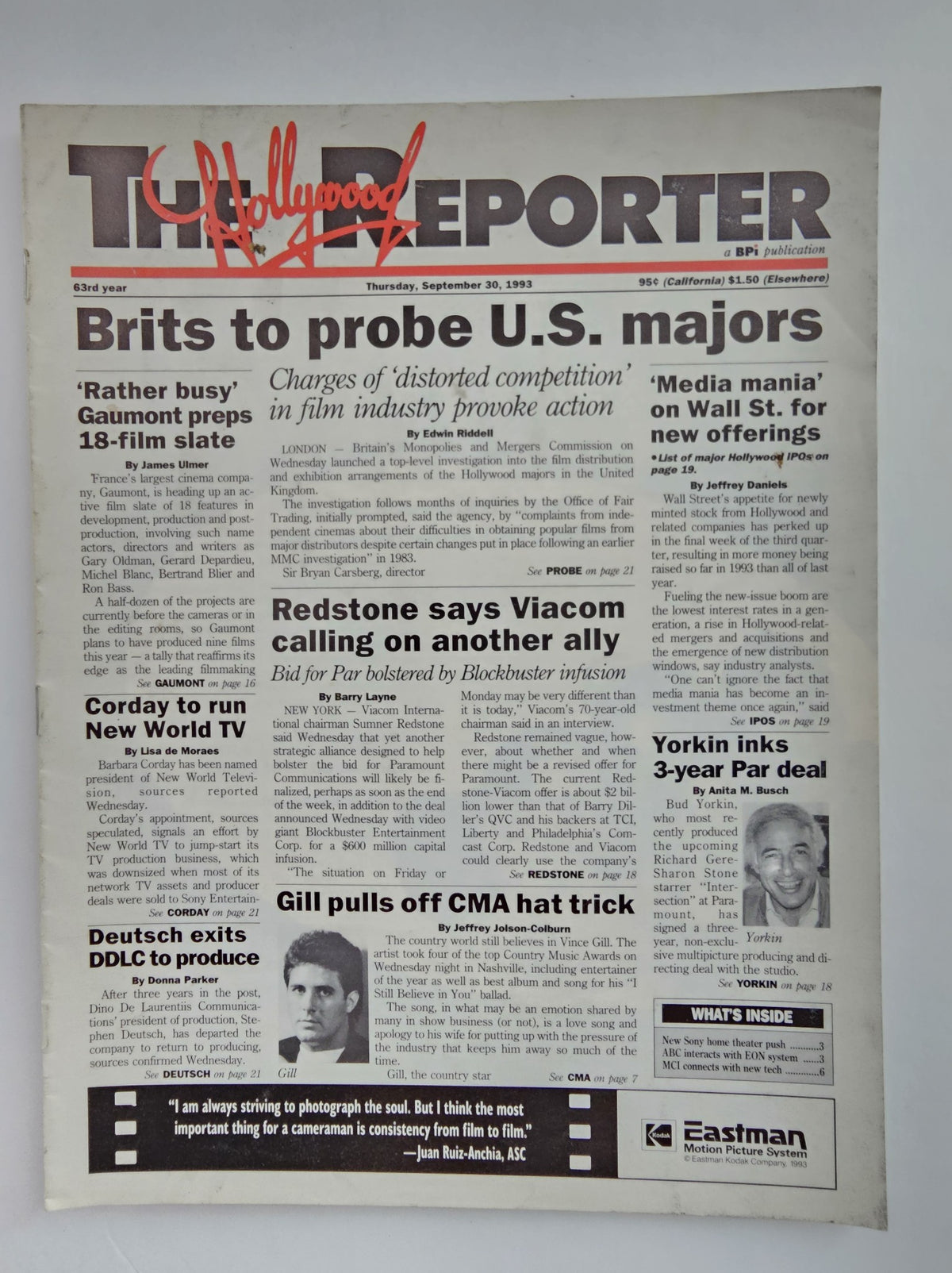 The Hollywood Reporter Magazine from September 30, 1993, featuring the headline 'Brits to Probe U.S. Majors' with articles discussing British influence in the American film industry, alongside other news related to media and entertainment.