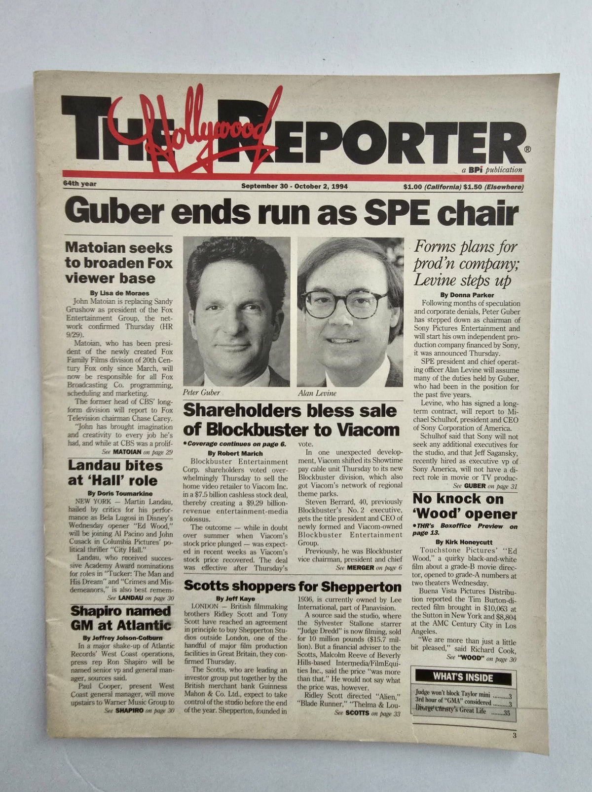 The Hollywood Reporter Magazine from September 30, 1994, featuring Peter Guber and Alan Levine on the cover. The headline discusses Guber's end of his tenure as SPE chair and mentions significant industry changes and individuals during the 90s, capturing a pivotal era in entertainment history.