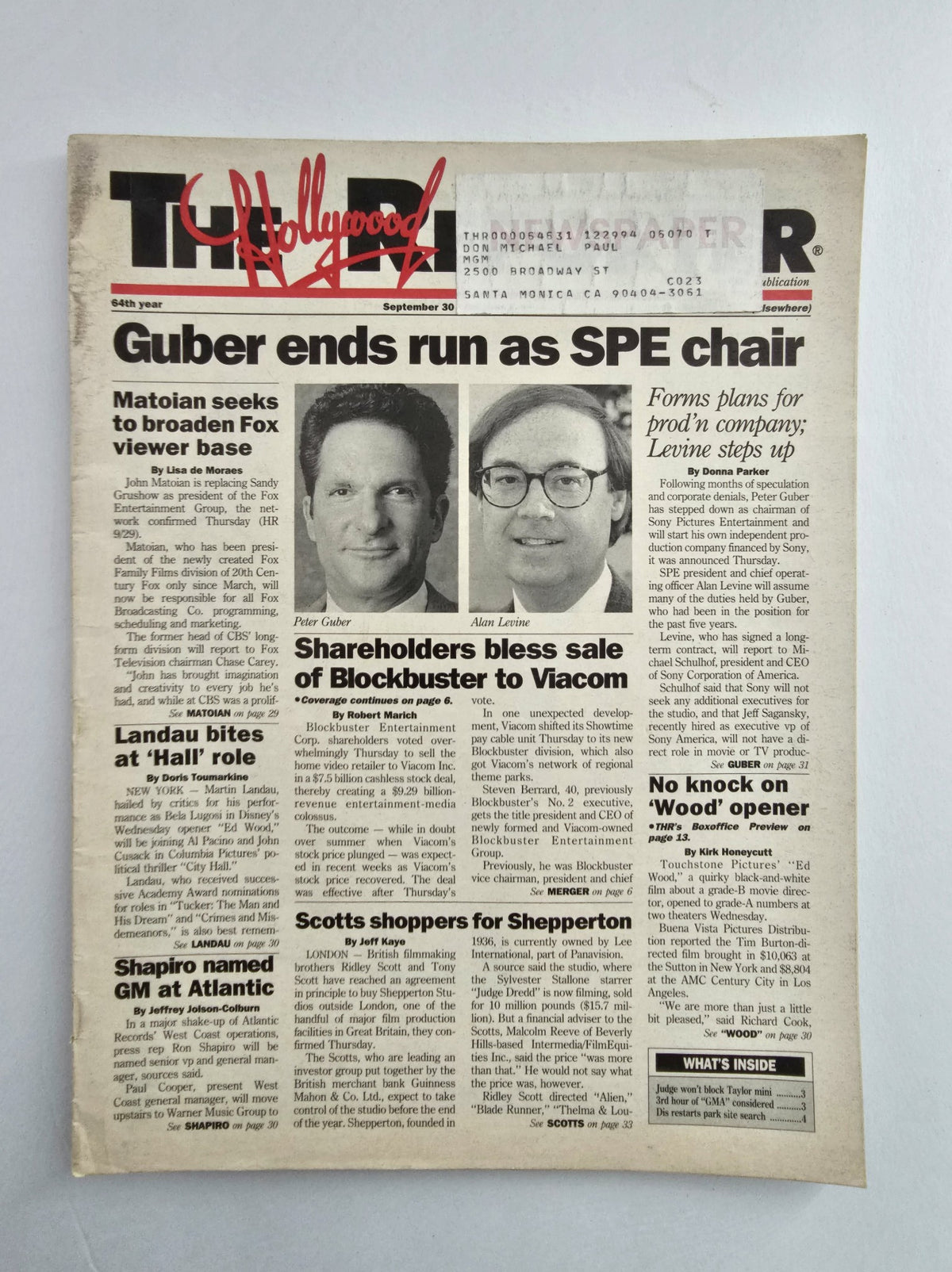 Cover of The Hollywood Reporter Magazine dated September 30, 1994 featuring Peter Guber and Alan Levine, highlighting industry news and events from the 1990s.