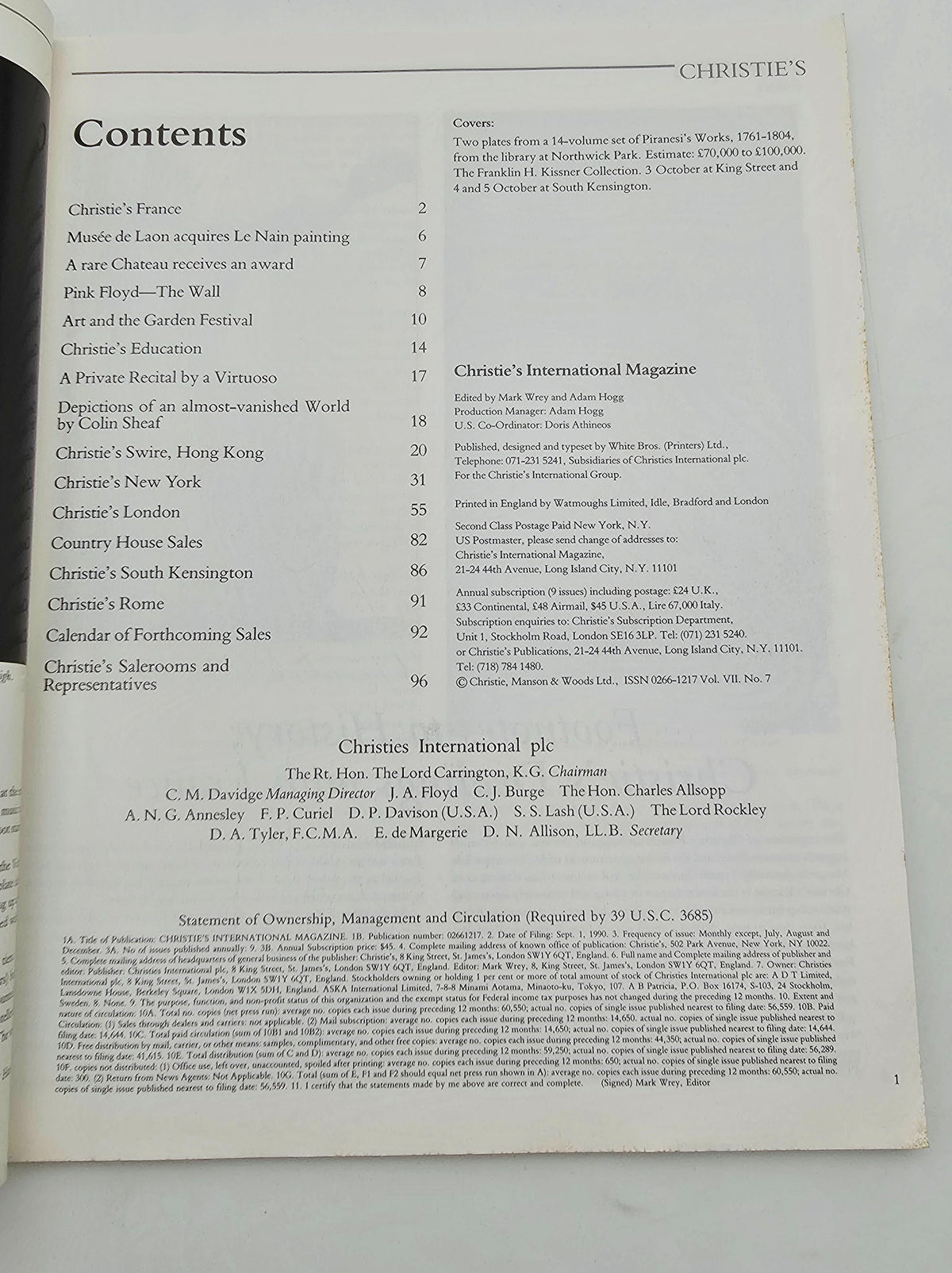 Table of contents page from Christie's International Magazine September 1990, outlining features on art, culture, and auction highlights.