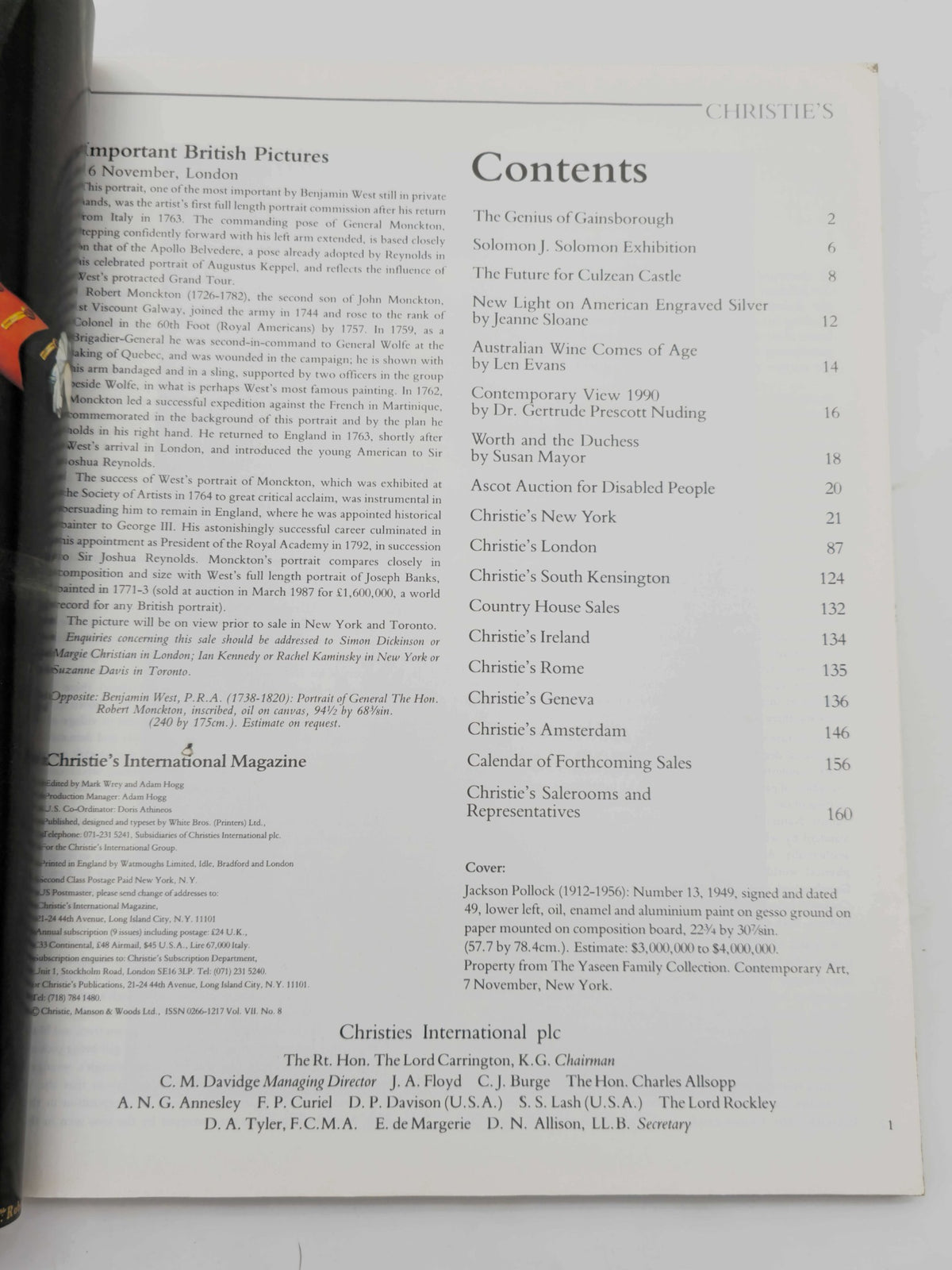 Contents page from Christie's International Magazine October 1990 featuring articles on the Genius of Gainsborough and other notable exhibitions.