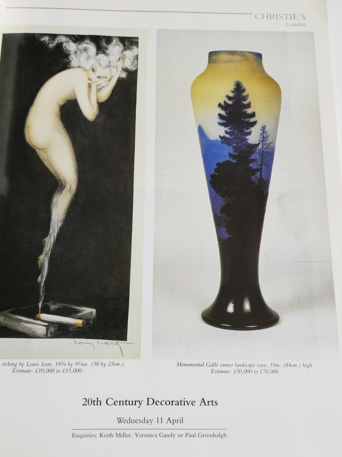 Page from Christie's International Magazine, March 1990, showcasing auction items including an etching by Louis Icart and a monumental Gallé vase, highlighting decorative arts available at auction.