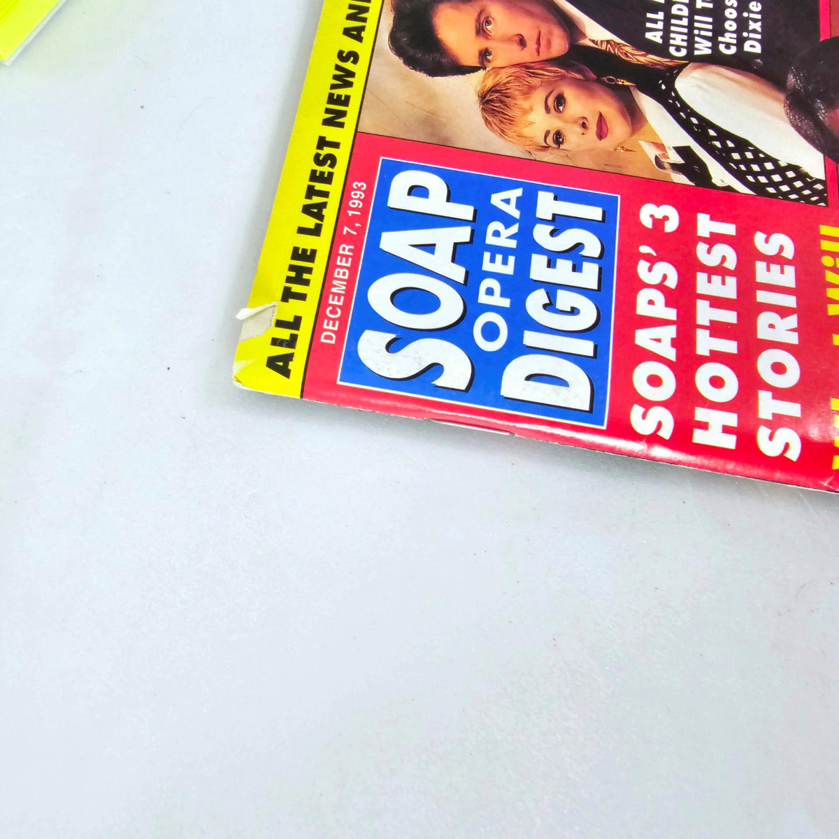 Close-up view of the Soap Opera Digest Magazine December 7 1993 showcasing part of the cover with emphasis on soap opera stories and featured actors.