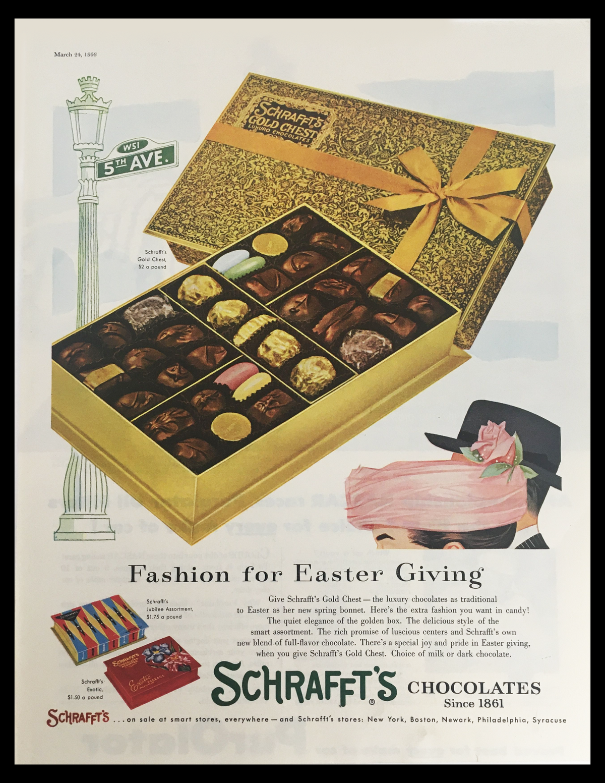 1956 Shafft's Gold Chest Luxuro Chocolates Vintage Print Ad showcasing a luxurious gold box of chocolates, featuring a colorful assortment and a stylish hat, emphasizing mid-century advertising elegance and charm.