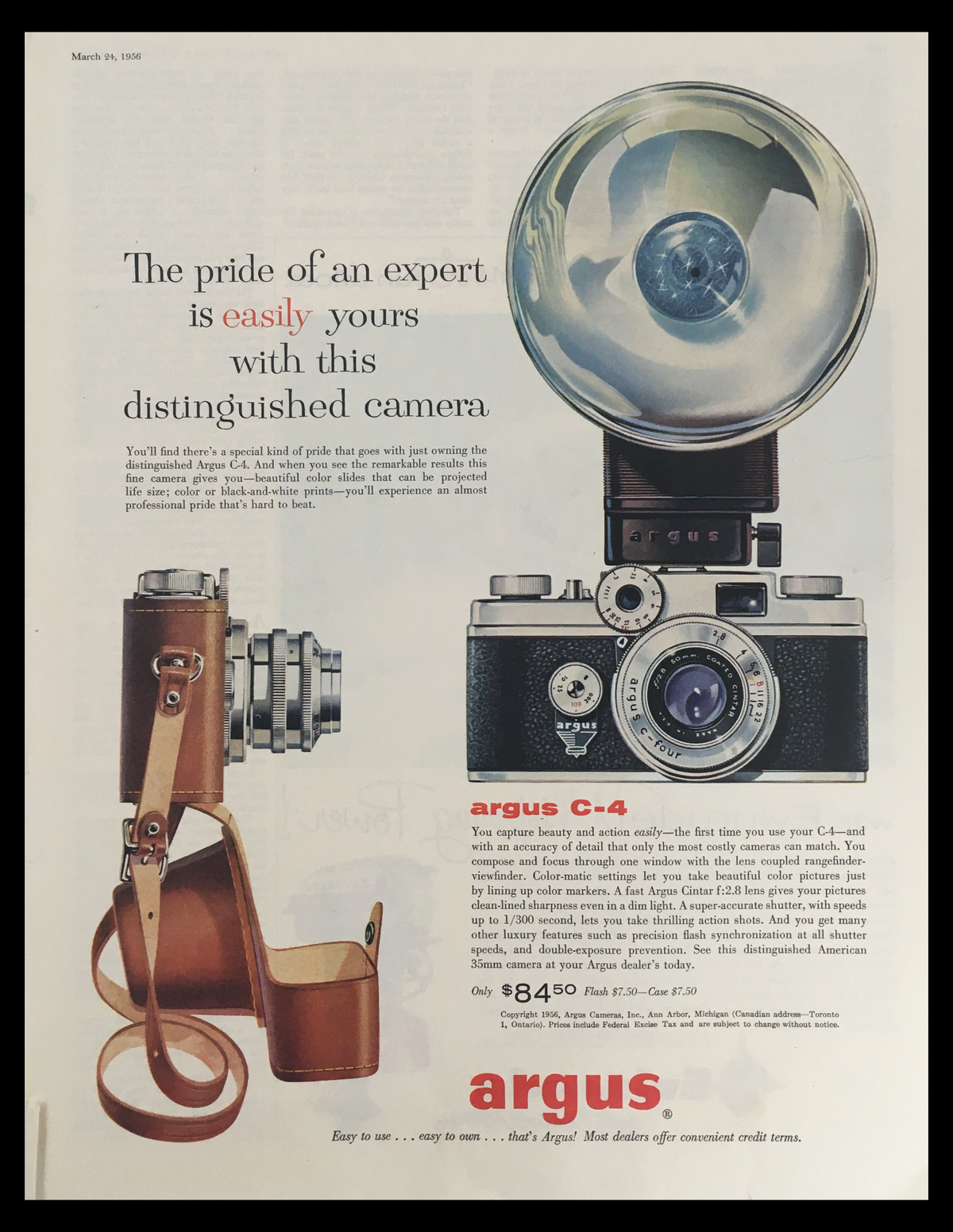 1956 Argus C-4 Distinguished Camera Vintage Print Ad featuring the camera and its accessories, showcasing classic design elements and promotional details.