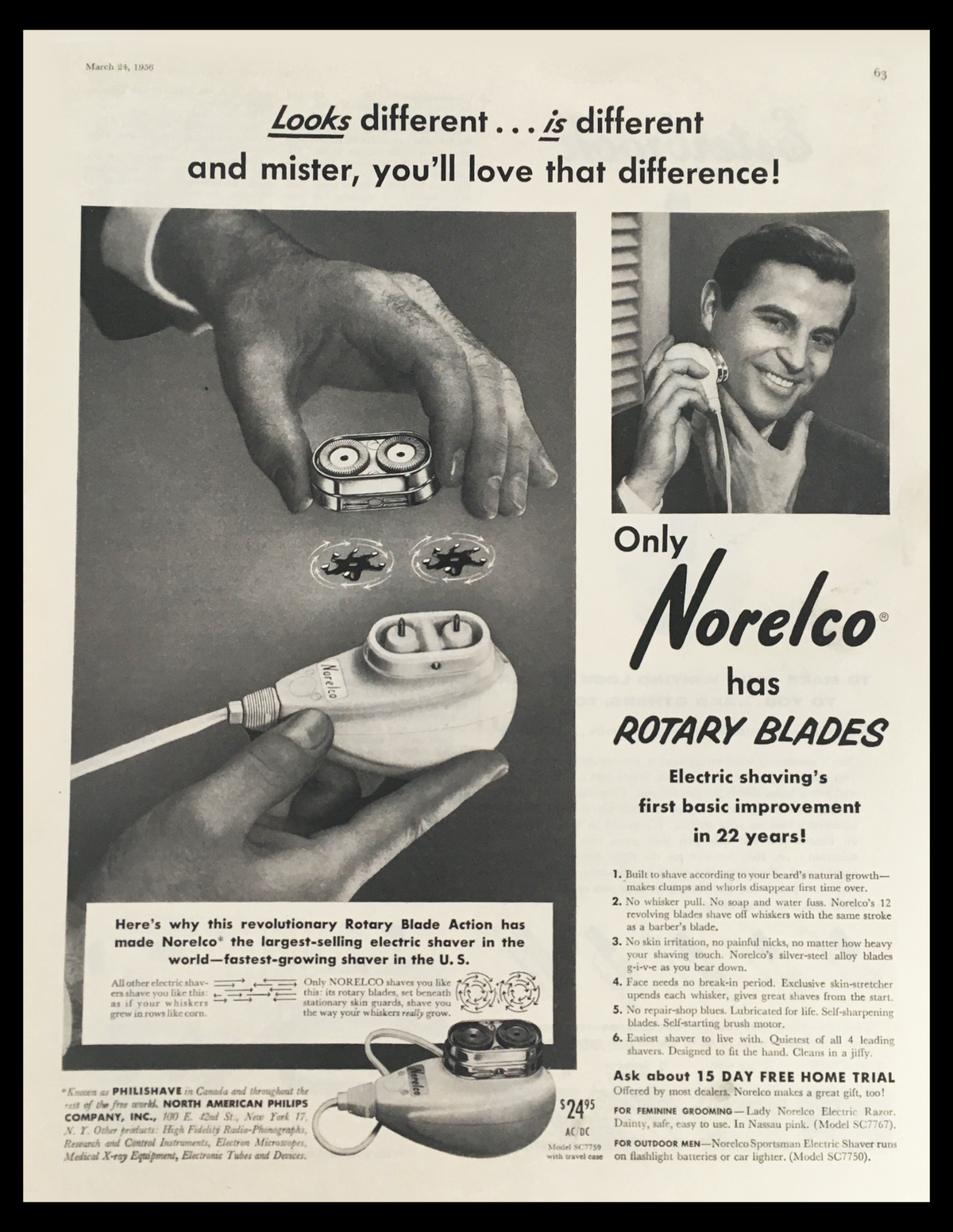 Vintage print advertisement for the 1956 Norelco Rotary Blade Electric Shaver, featuring a close-up image of the shaver and its unique rotary blade technology, encapsulating the innovative spirit of mid-century grooming advancements.
