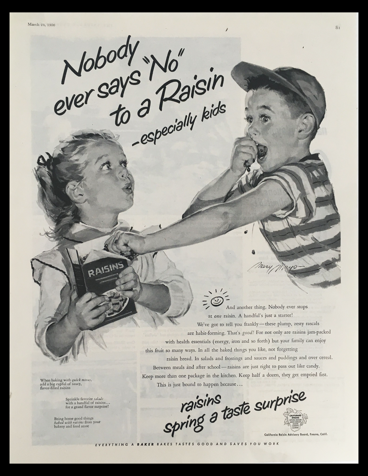 1956 California's Raisin Spring A Taste Vintage Print Ad depicting children joyfully interacting over raisins, emphasizing the slogan 'Nobody ever says No to a Raisin - especially kids'. This nostalgic ad captures mid-20th century charm with its vibrant imagery and playful theme.