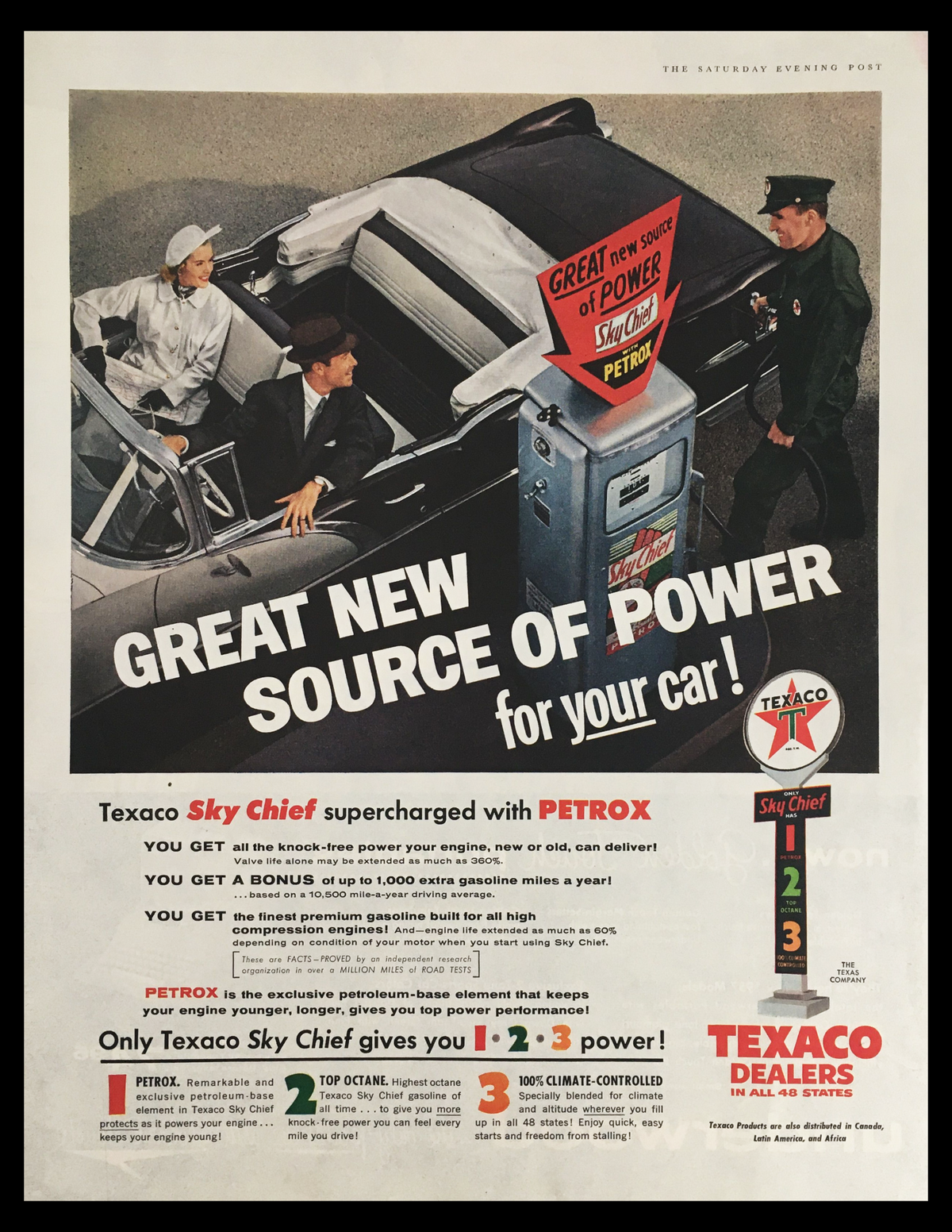 1956 Texaco Sky Chief Supercharged Petrox Vintage Print Ad featuring a classic car and a vintage Texaco gas pump with an eye-catching advertisement for enhanced engine performance and power.