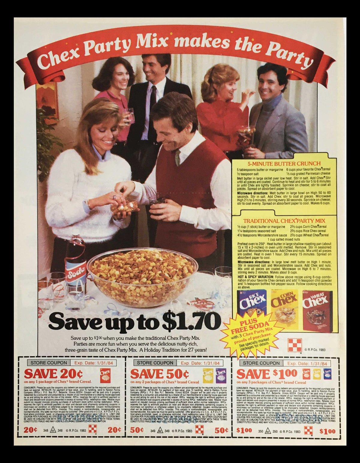 1983 Chex Party Mix Brand Cereal Circular Coupon Advertisement featuring a festive gathering with people enjoying Chex Party Mix, highlighting a coupon to save up to $1.70 on the product.