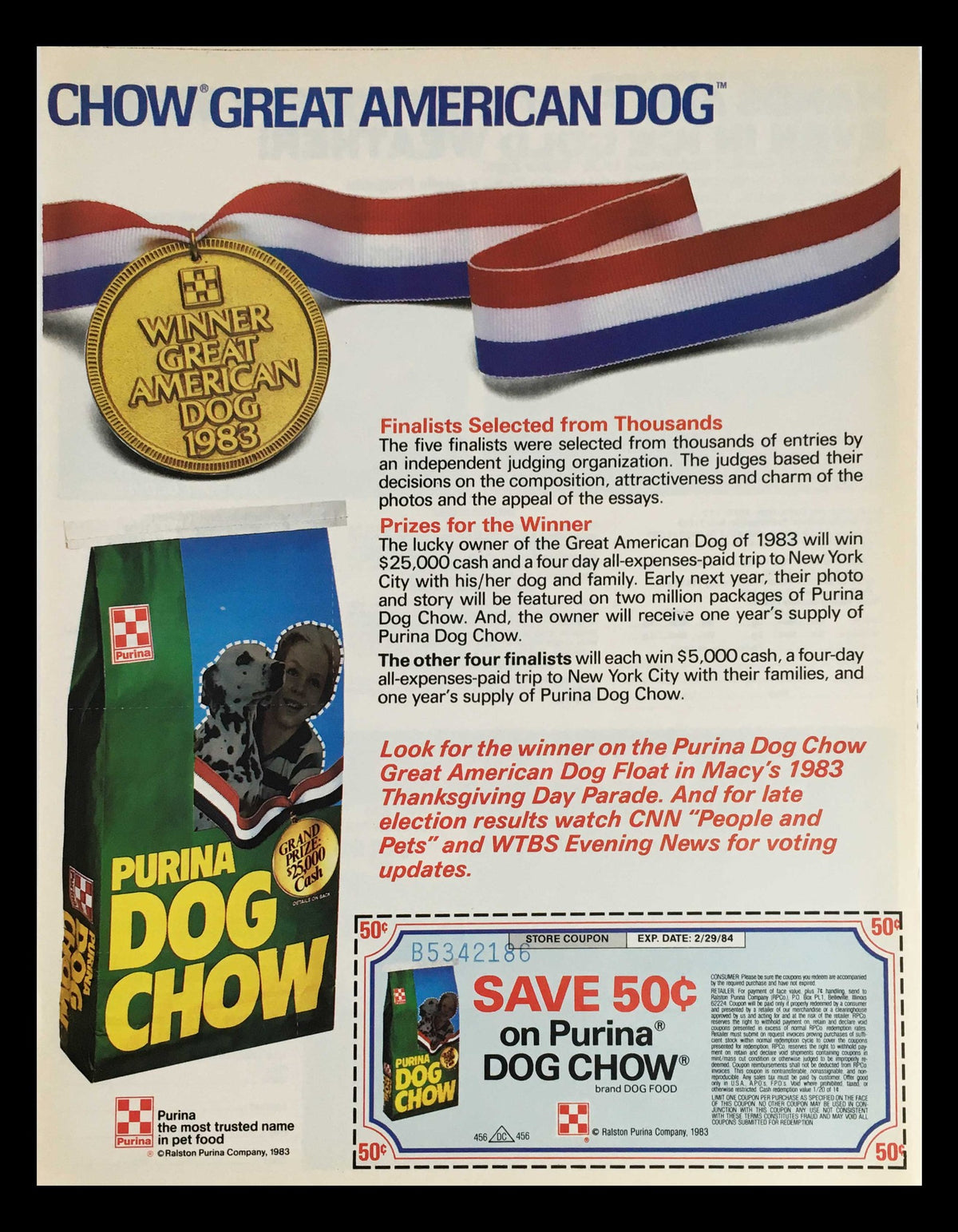 1984 Purina Dog Chow Brand Dog Food Circular Coupon Advertisement showcasing the Great American Dog contest with a dog food bag and promotional details on the contest and coupon offer.
