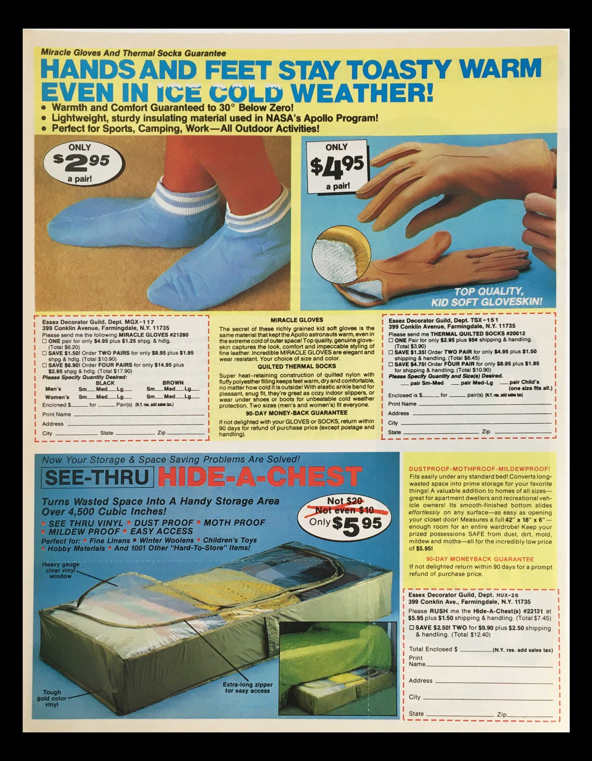 Image of a 1984 advertisement featuring Miracle Gloves and a Hide-A-Chest storage solution alongside the 1984 Purina Dog Chow Brand Dog Food Circular Coupon Advertisement, emphasizing winter comfort and storage solutions.