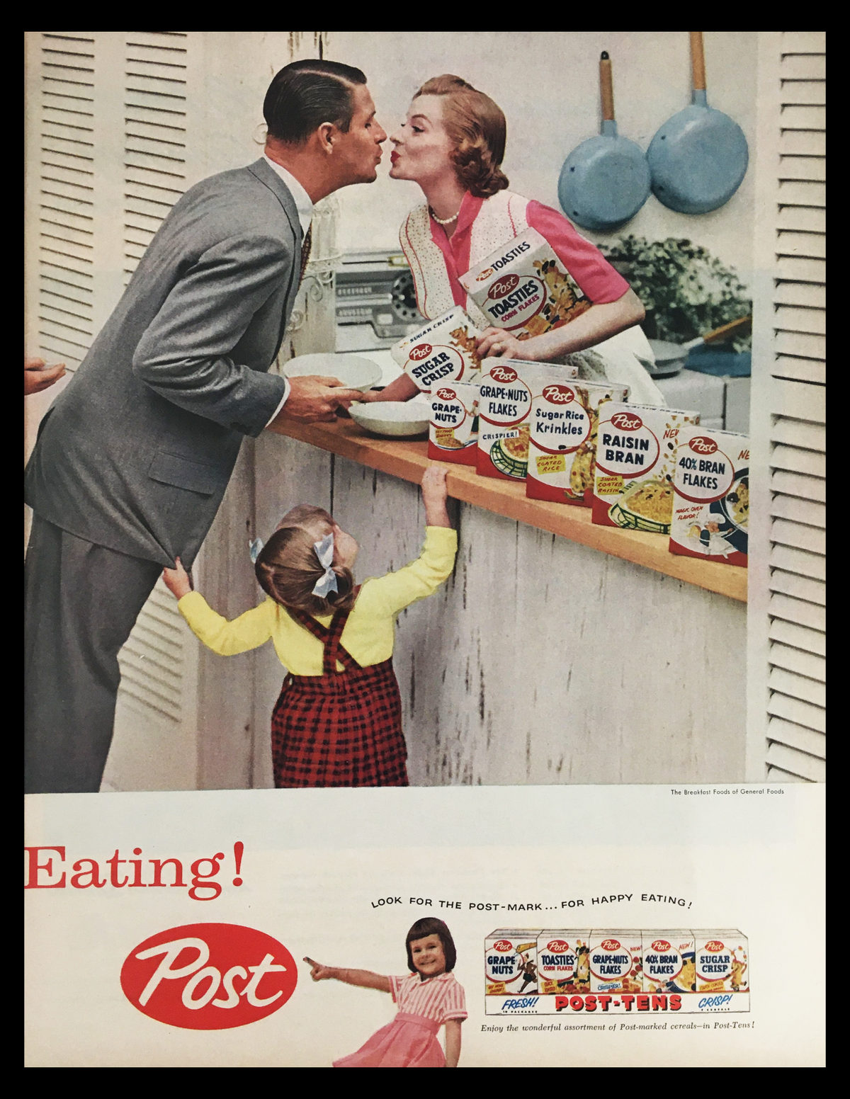 1956 Post The Breakfast Foods Vintage Print Ad featuring a cheerful family in a kitchen scene with a mother and father kissing, while a child looks on joyfully. The vintage advertisement showcases various cereal boxes, highlighting the nostalgic appeal of 1950s breakfast culture.