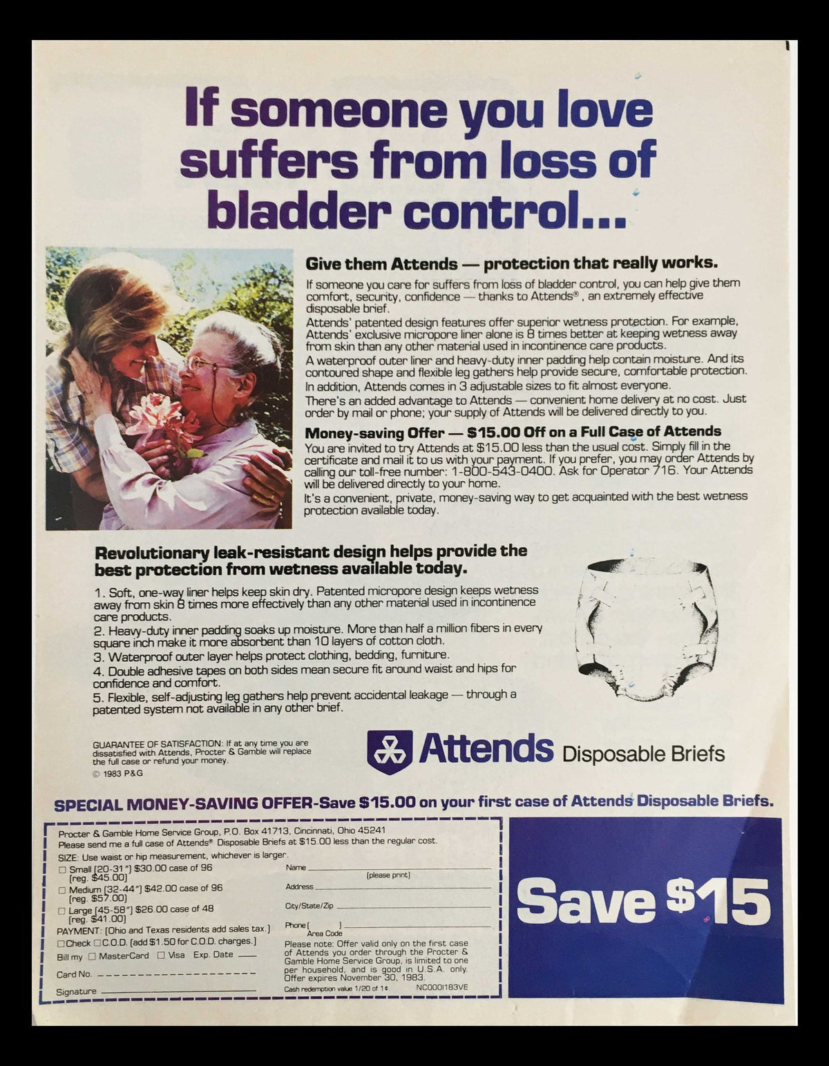 1983 Mountain Grown Folger's Coffee Olympic Team Circular Coupon Advertisement emphasizing health protection for bladder control products with a special savings offer.