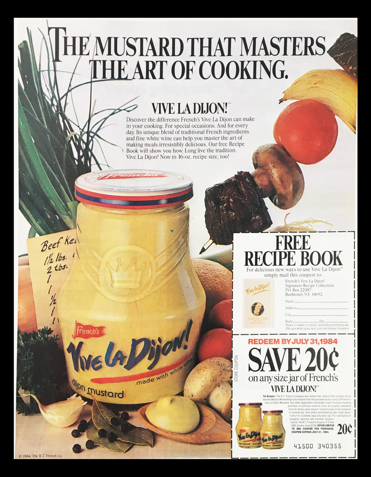 1984 French's Vive La Dijon Mustard Circular Coupon Advertisement featuring a jar of mustard, fresh vegetables, and promotional text about a free recipe book and coupon savings.