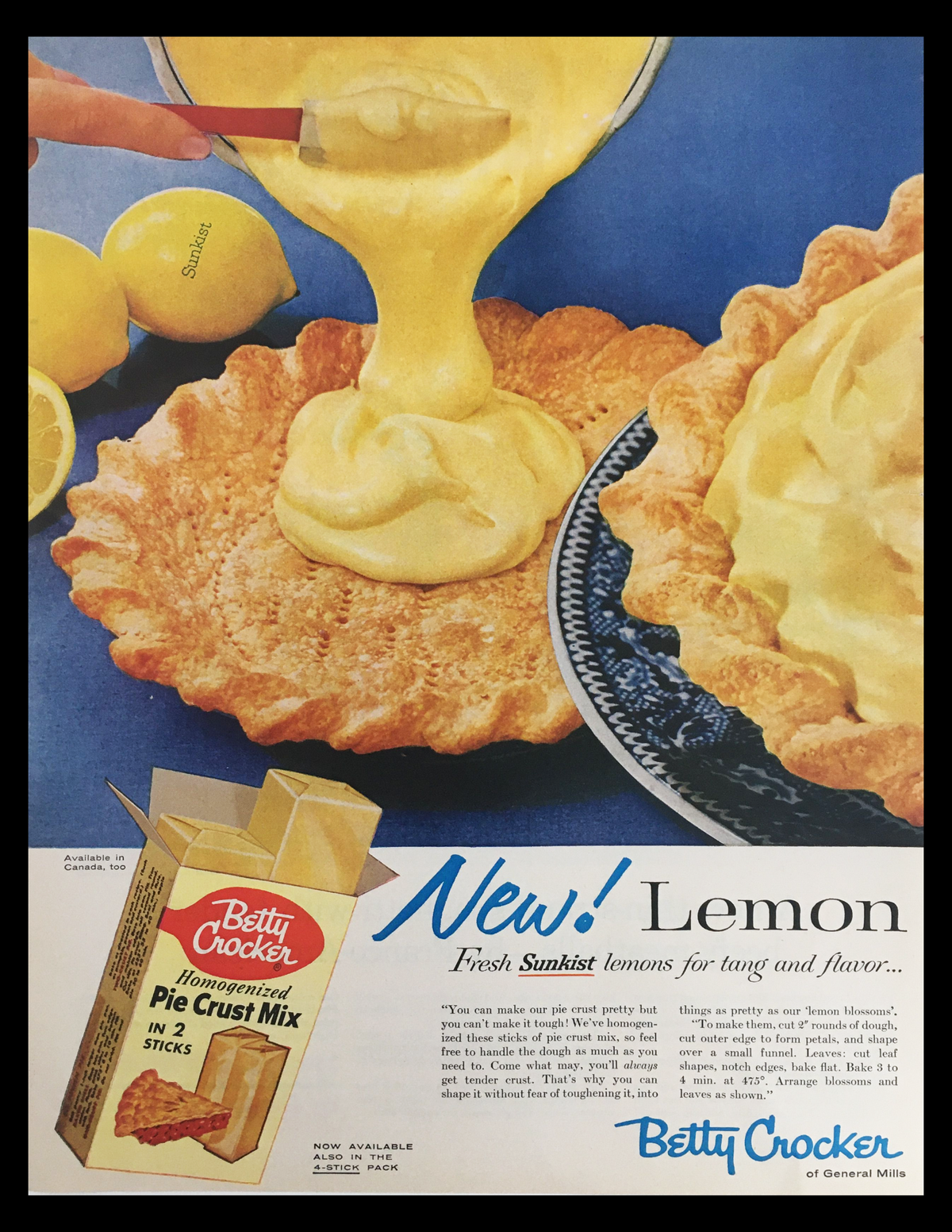 Vintage print ad for 1956 Betty Crocker Homogenized Pie Crust Mix featuring freshly poured lemon pie filling on a pie crust, showcasing the nostalgic charm of classic advertising.