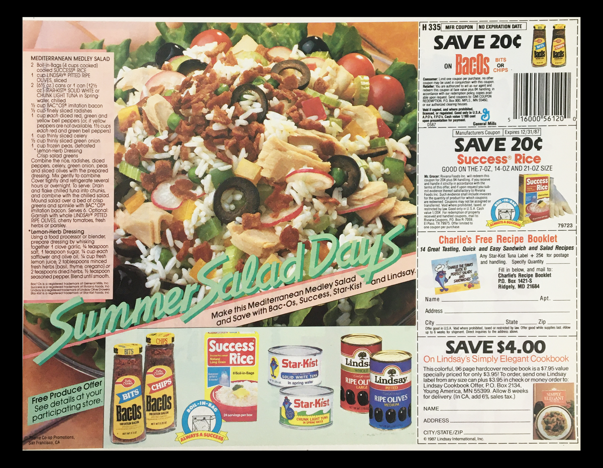 1987 Johnson & Johnson Products American Red Cross Circular Coupon Advertisement showing various food items and coupons for summer salad promotions, highlighting healthy eating options.