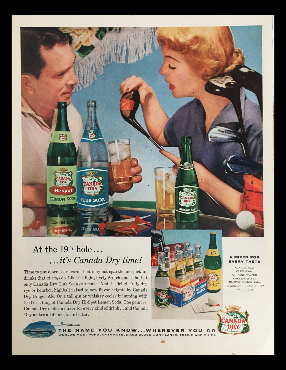 1956 Canada Dry Club Soda Vintage Print Ad featuring a couple enjoying drinks at a social gathering, capturing the nostalgic essence of the 1950s with vibrant colors and classic branding.