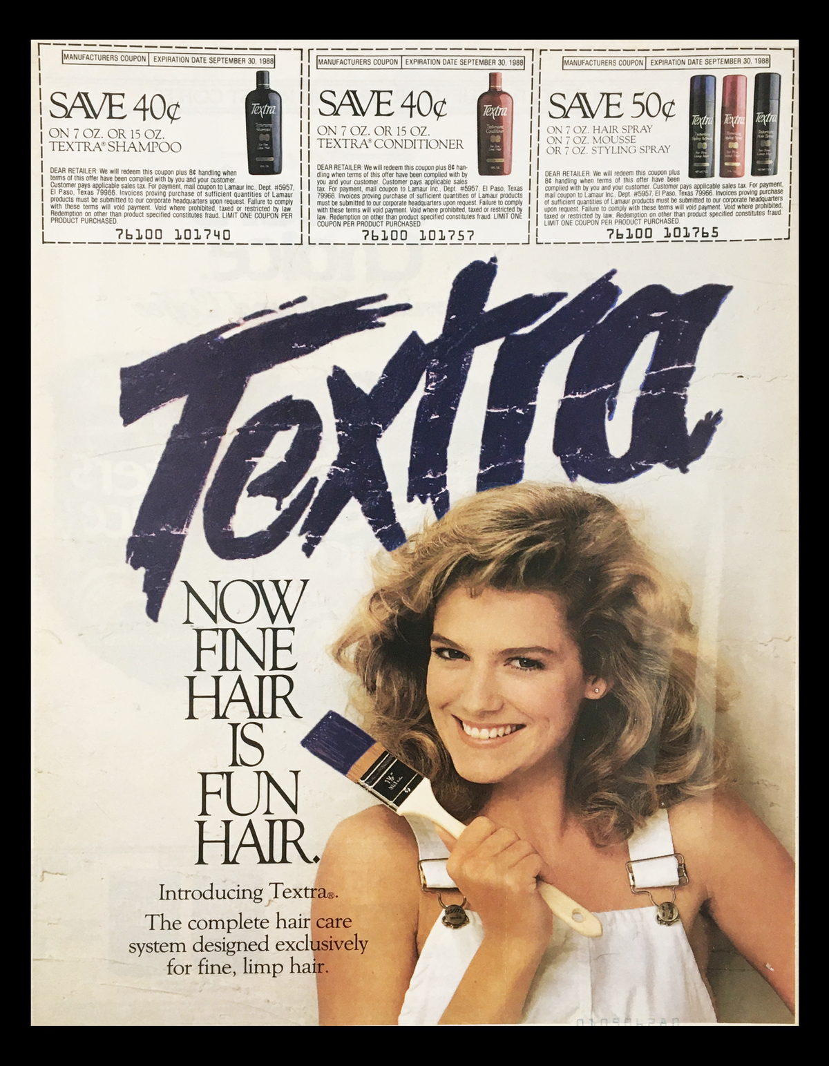 1988 Textra Shampoo & Conditioner Circular Coupon Advertisement featuring a smiling woman with fine hair holding a product, showcasing the Textra brand and various coupon offers for shampoo and conditioner.