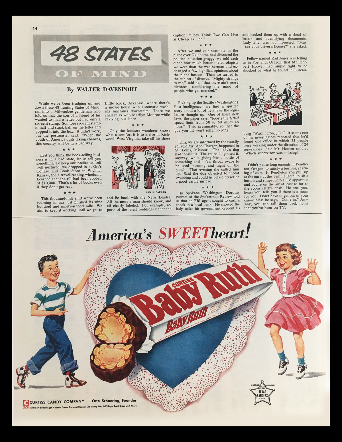 1956 Curtiss Baby Ruth Chocolate Vintage Print Ad featuring a nostalgic design, showcasing the iconic Baby Ruth candy bar in a colorful layout, and including vintage illustrations that reflect mid-20th-century advertising charm.