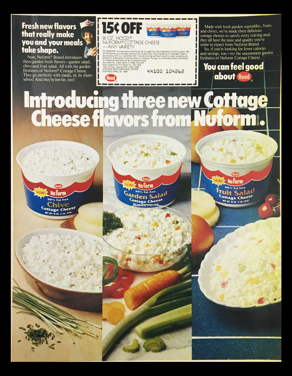 1983 Swiss Miss Sugar Free Hot Cocoa Circular Coupon Advertisement. Featured alongside a 15¢ off coupon for Hood Cottage Cheese flavors, this image introduces three new cottage cheese varieties. The striking layout highlights fresh ingredients and flavorful options for health-conscious consumers.