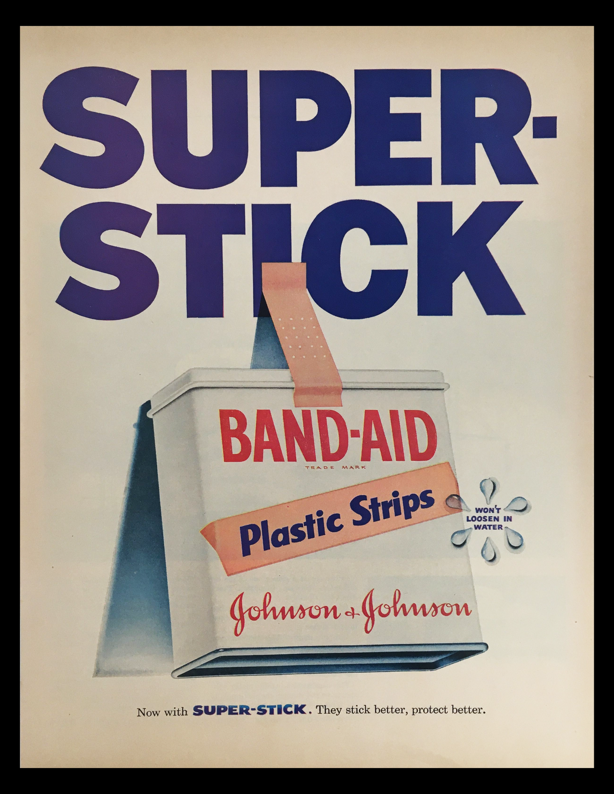 1956 Johnson & Johnson Band-Aid Plastic Strips Vintage Print Ad featuring the Super-Stick branding with bold typography and a detailed illustration of the product packaging.
