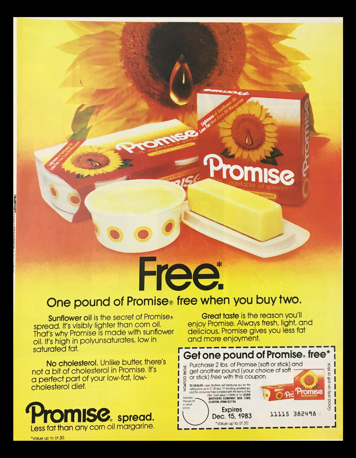 1983 Promise Spread Vegetable Oil Margarine Circular Coupon Advertisement featuring a sunflower and a promotional offer for one pound of Promise margarine free with purchase. Includes visuals of the products and expired coupon.