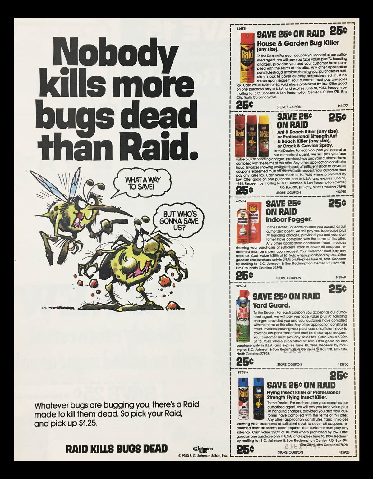 1983 Raid Bugs Ant and Roach Killer Circular Coupon Advertisement featuring various Raid bug spray products and a promotional message highlighting savings on bug control, with an illustration of cartoon insects.