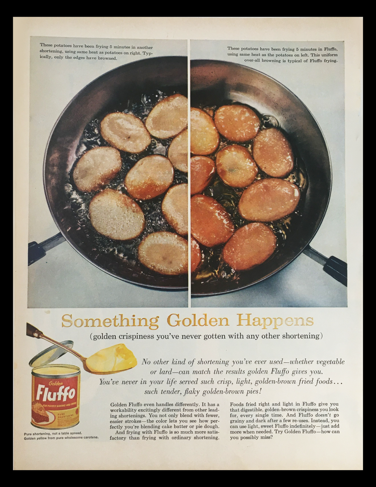 1956 Golden Fluffo Pure Shortening Vintage Print Ad featuring a frying pan with golden crispy potato slices, showcasing the benefits of using Fluffo shortening for perfect frying.