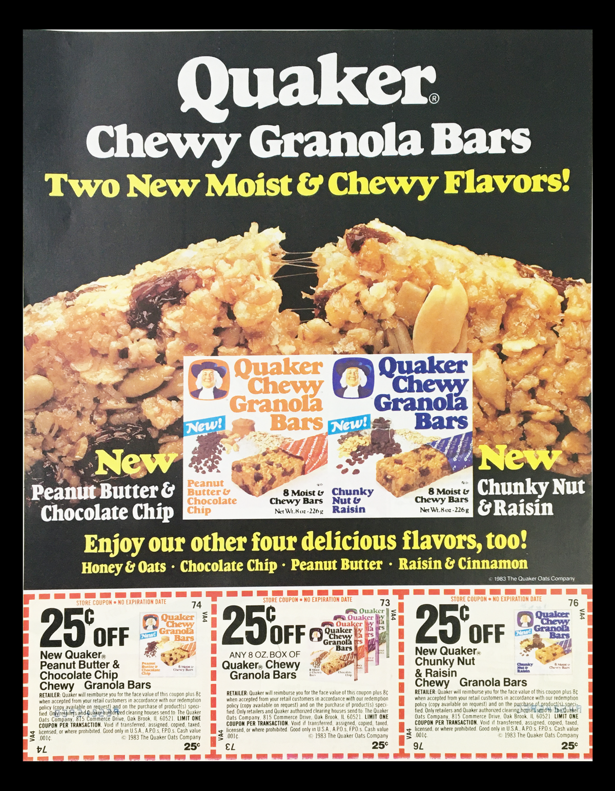 1983 Quaker Chewy Granola Bars Circular Coupon Advertisement featuring new flavors such as Peanut Butter & Chocolate Chip and Chunky Nut & Raisin, showcasing the product with vibrant images and coupons offering discounts.