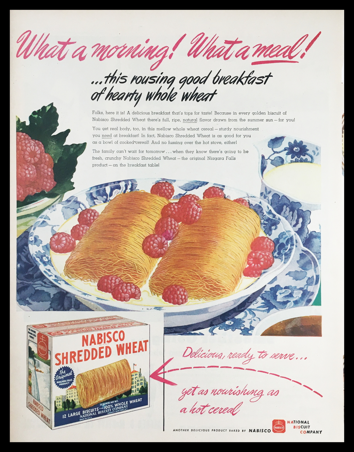 1945 Nabisco Shredded Wheat Biscuits vintage print ad showcasing a delicious breakfast scene with Shredded Wheat served with raspberries, highlighting the wholesome ingredients and classic appeal of mid-20th century advertising.