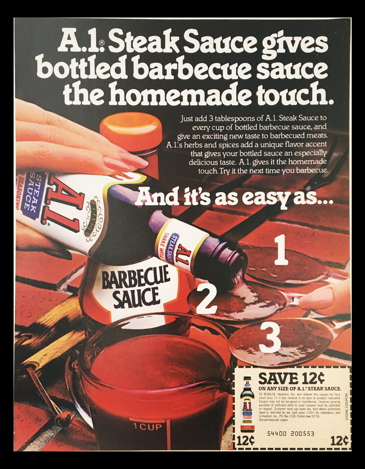 1983 A. 1. Steak Barbecue Sauce Circular Coupon Advertisement showcasing A. 1. Steak Sauce recipe tips and a coupon offer for 12 cents off, featuring a bottle of A. 1. Steak Sauce and a mixing bowl.