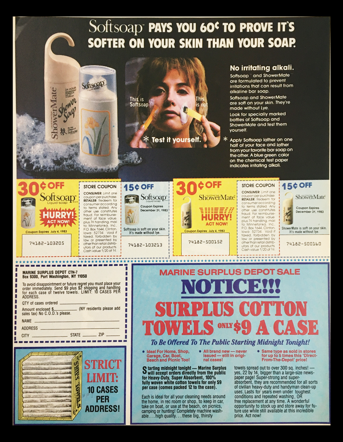 1983 A. 1. Steak Barbecue Sauce Circular Coupon Advertisement featuring Softsoap product promotions with images of Softsoap and ShowerMate, highlighting special discounts and sales on cleaning products.