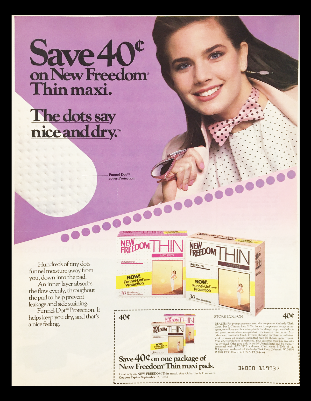 1984 New Freedom Thin Maxi Pads Circular Coupon Advertisement featuring a smiling woman, highlighting the product's benefits. The ad promotes a 40 cent savings on New Freedom Thin maxi pads and showcases the product packaging along with the coupon details.