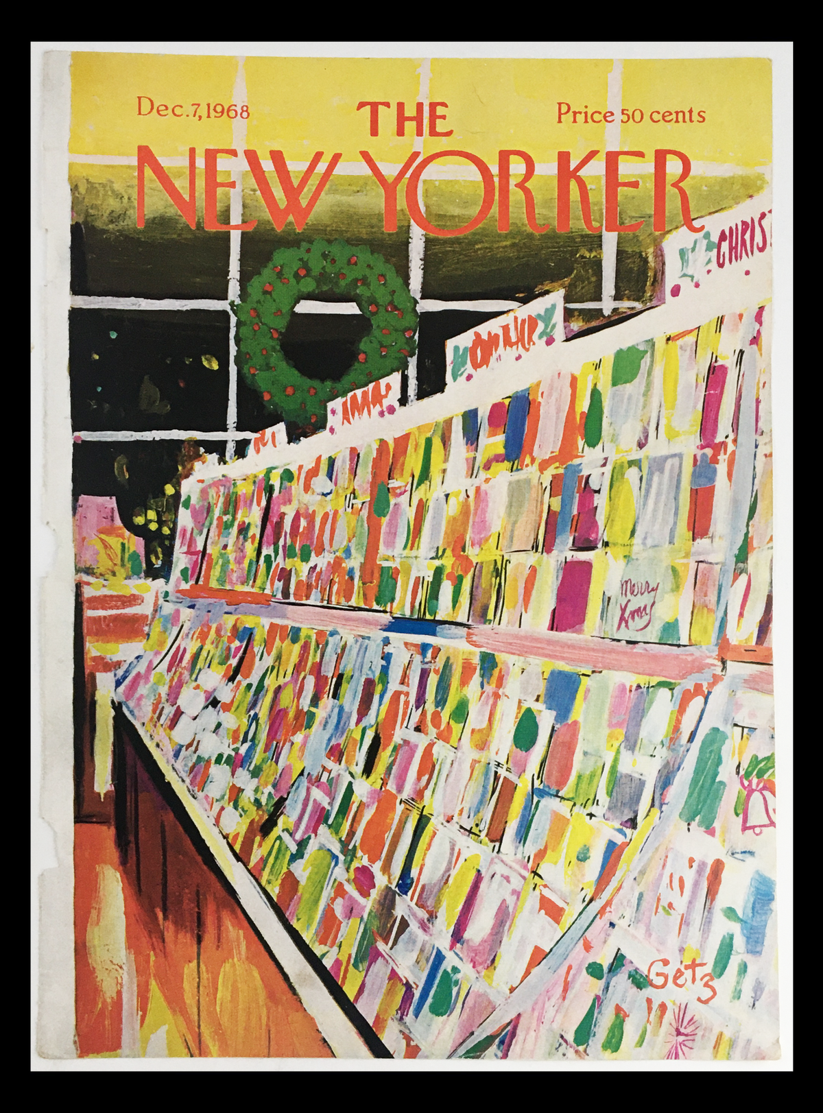 Vintage cover of The New Yorker December 7, 1968, featuring an illustration by Arthur Getz, showcasing a vibrant display of holiday-themed magazines with a festive wreath in the background.