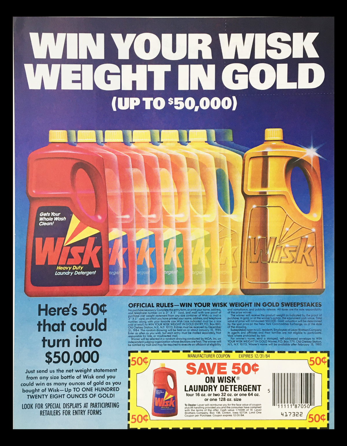 1984 Wisk Heavy Duty Laundry Detergent Circular Coupon Advertisement featuring colorful detergent bottles and a promotional sweepstakes announcement, offering a chance to win up to $50,000 with details on coupon savings.