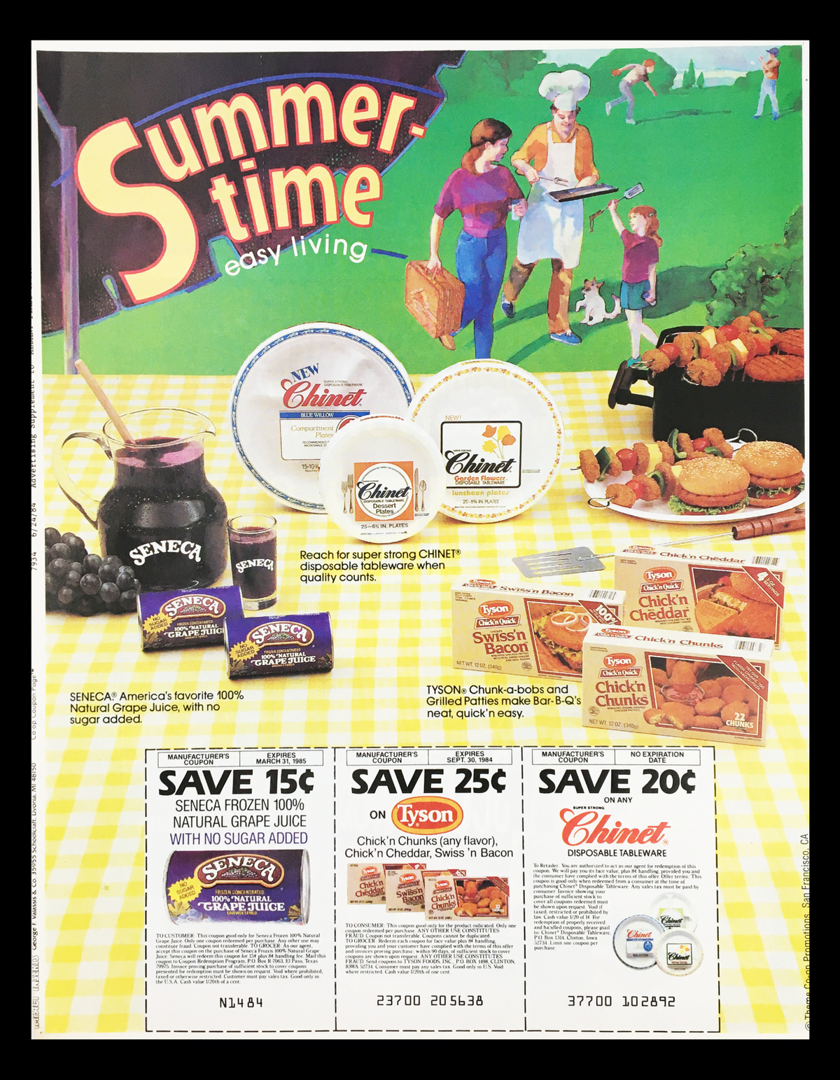 1984 Seneca Summer Time Easy Living Circular Coupon Advertisement showcasing colorful Summer-themed products including plates and frozen juice on a picnic table.
