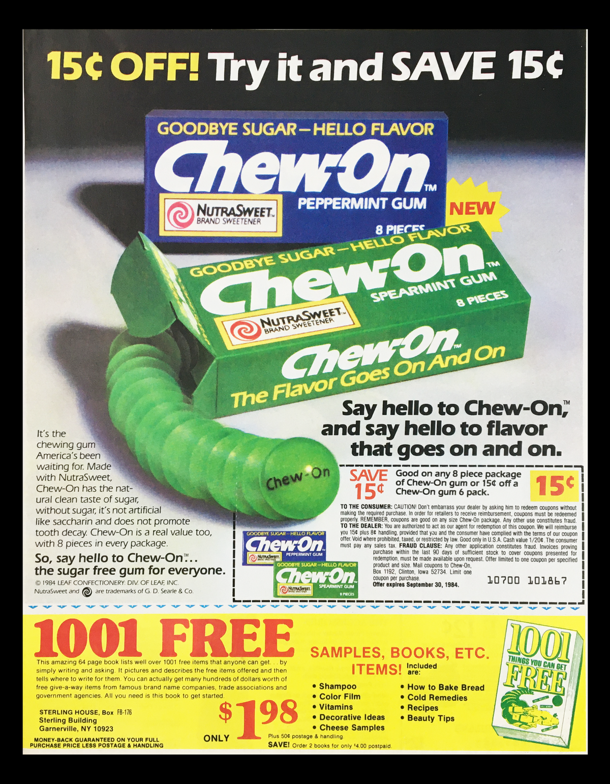 1984 Chew-On Sugar Free Gum Circular Coupon Advertisement featuring a pack of Chew-On gum with a promotion to save 15 cents. The ad showcases the product's tagline and vibrant design.
