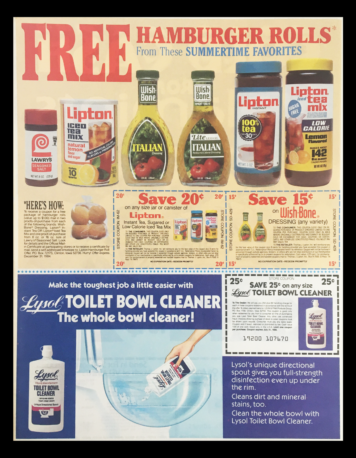1984 Peppermint Velamints Sugar Free Circular Coupon Advertisement showcasing various food products with coupon offers, including free hamburger rolls and discounts on Lipton and Lysol items.