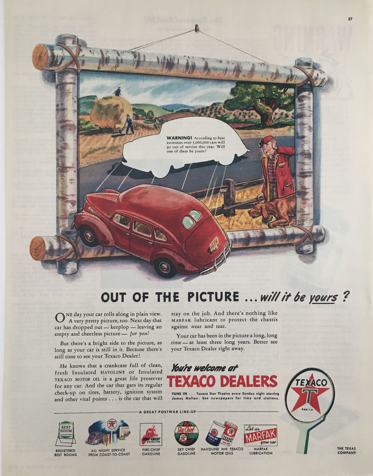 1945 Texaco Dealers Havoline Motor Oil Vintage Print Ad featuring a scenic illustration of a red car near a waterway, encapsulating mid-20th century automotive advertising with engaging visuals and nostalgic appeal.