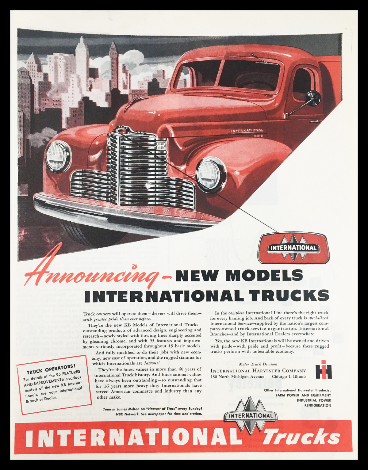 1947 International Trucks New Models Vintage Print Ad featuring a striking red truck against a city skyline, highlighting the engineering and design innovations of post-war American trucks.