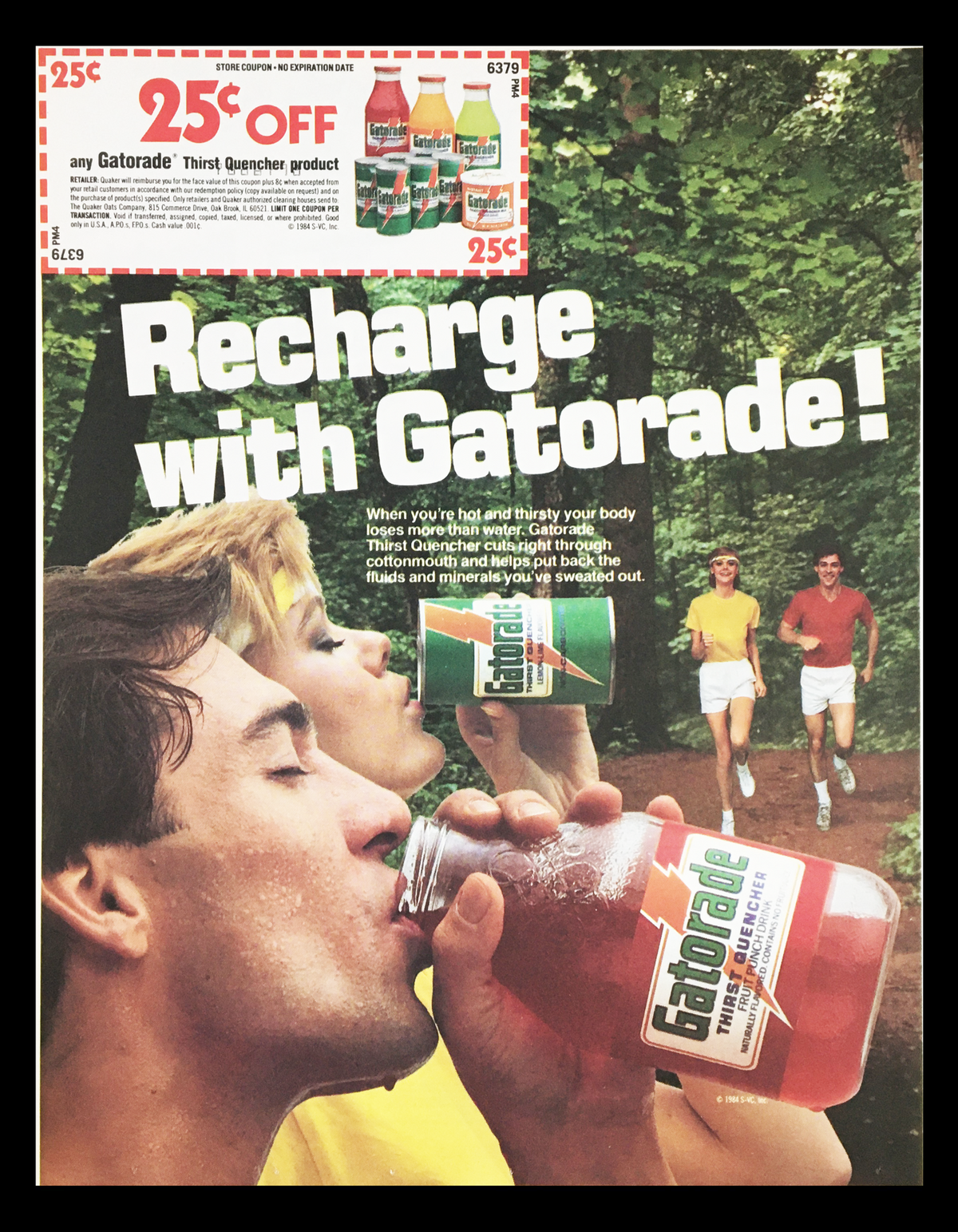 1984 Gatorade Quencher Product Circular Coupon Advertisement featuring people enjoying Gatorade drinks in nature, with a coupon offering 25 cents off any Gatorade thirst quencher product.